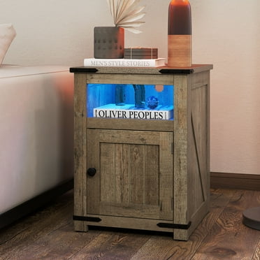 Uforic Farmhouse Nightstand with Power Outlets & LED Lights, Side End Table with Door, Old Oak