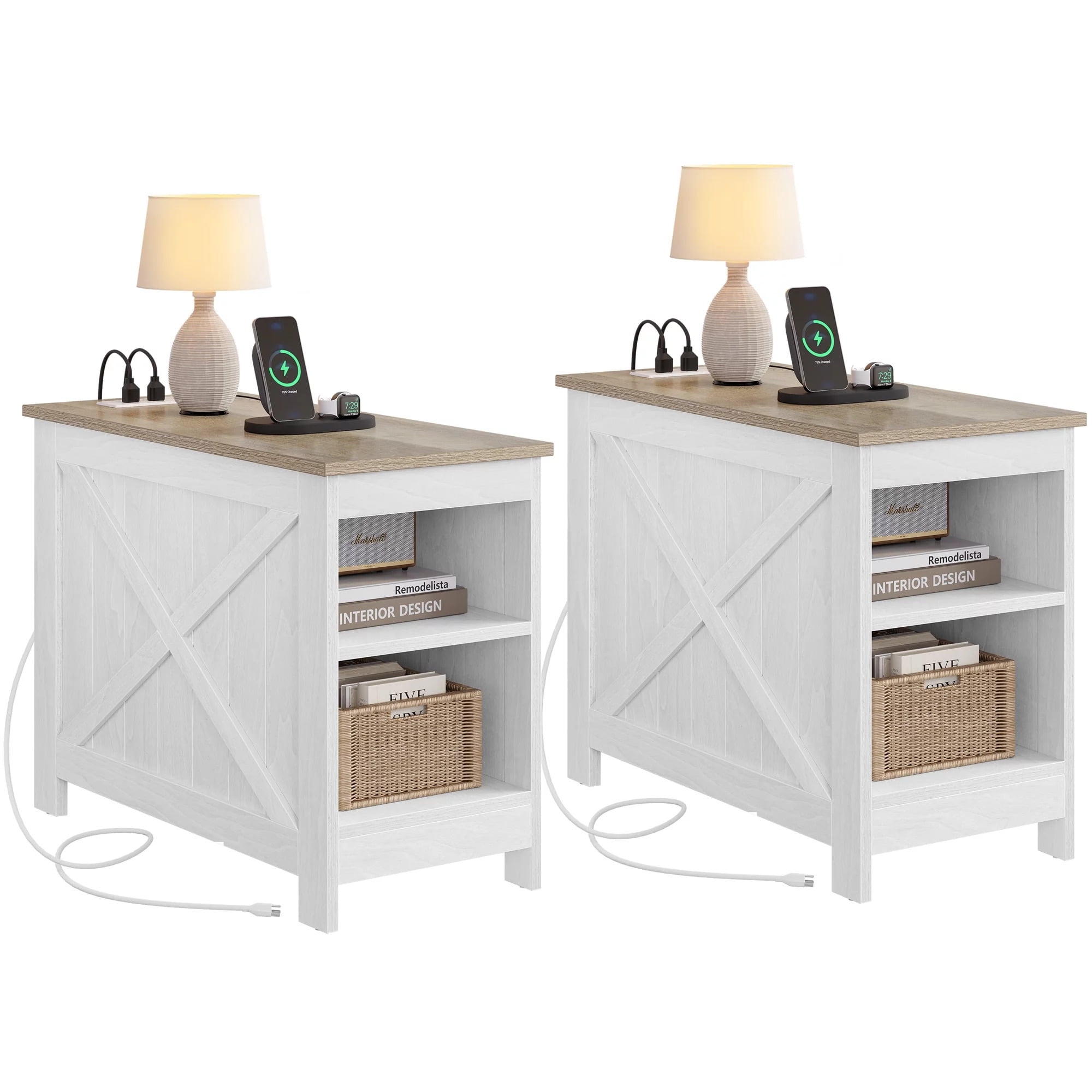 Uforic Farmhouse Nightstands Set of 2, End Table Side Table with Storage & Charging Station, White