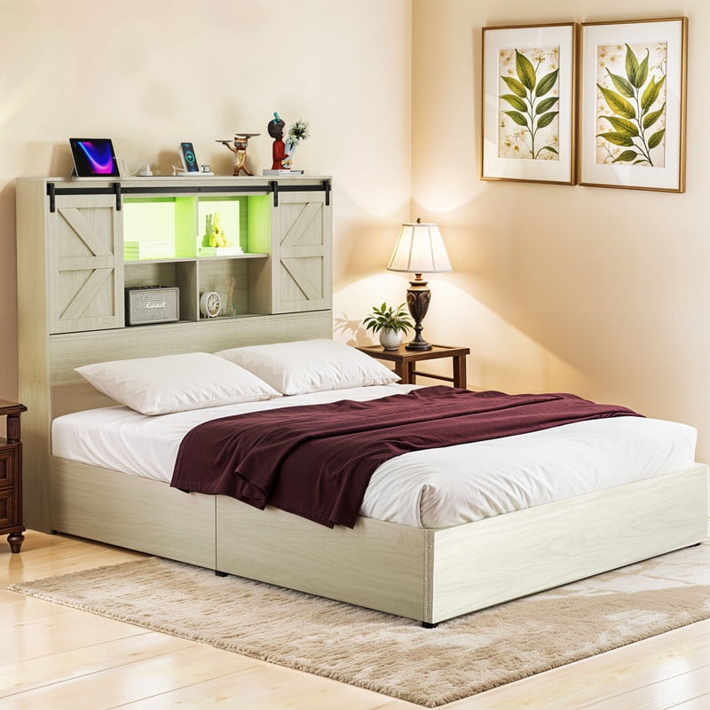 Uforic Farmhouse Queen Bed Frame With Bookcase Headboard & LED Lights, Storage Bed with Power Outlets, White