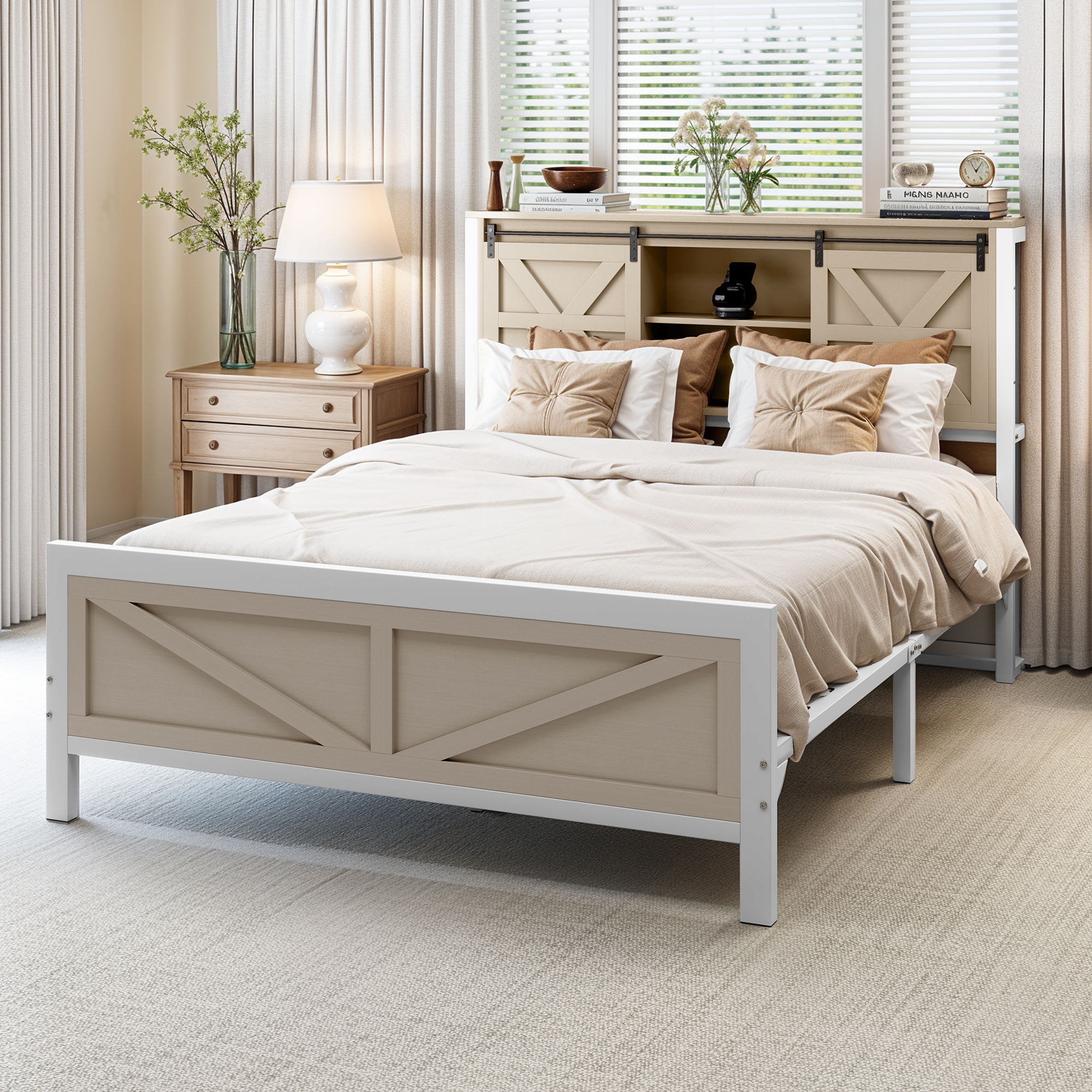 Uforic - Farmhouse Queen Size Bed Frame with Headboard, Bookcase Storage Shelves, Sliding Barn Door, Charging Station, Easy Assembly, Oak