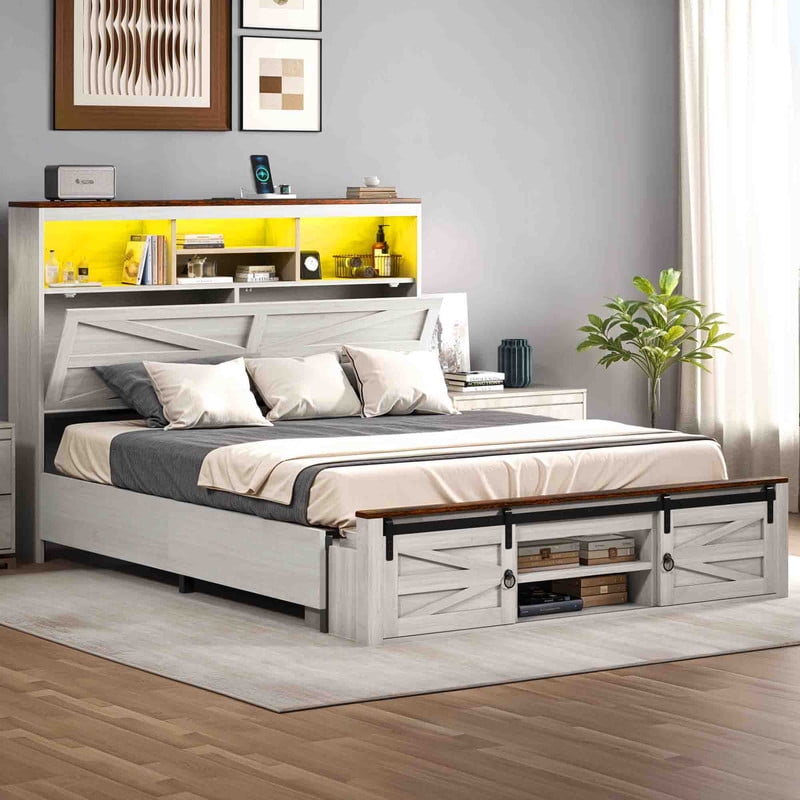 Uforic Farmhouse Queen Size Bed Frame with Storage Bookcase Headboard ...
