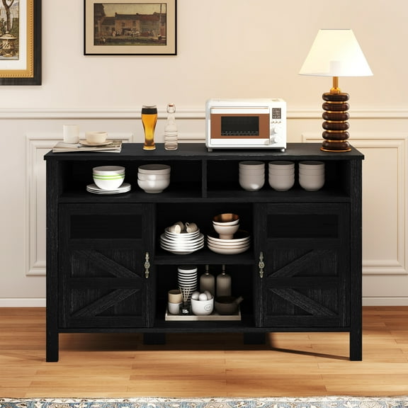 Uforic Farmhouse Sideboard Bar Cabinet with Glass Doors, Adjustable Shelves & Open Storage for Dining Room, Kitchen, Living Room, Black