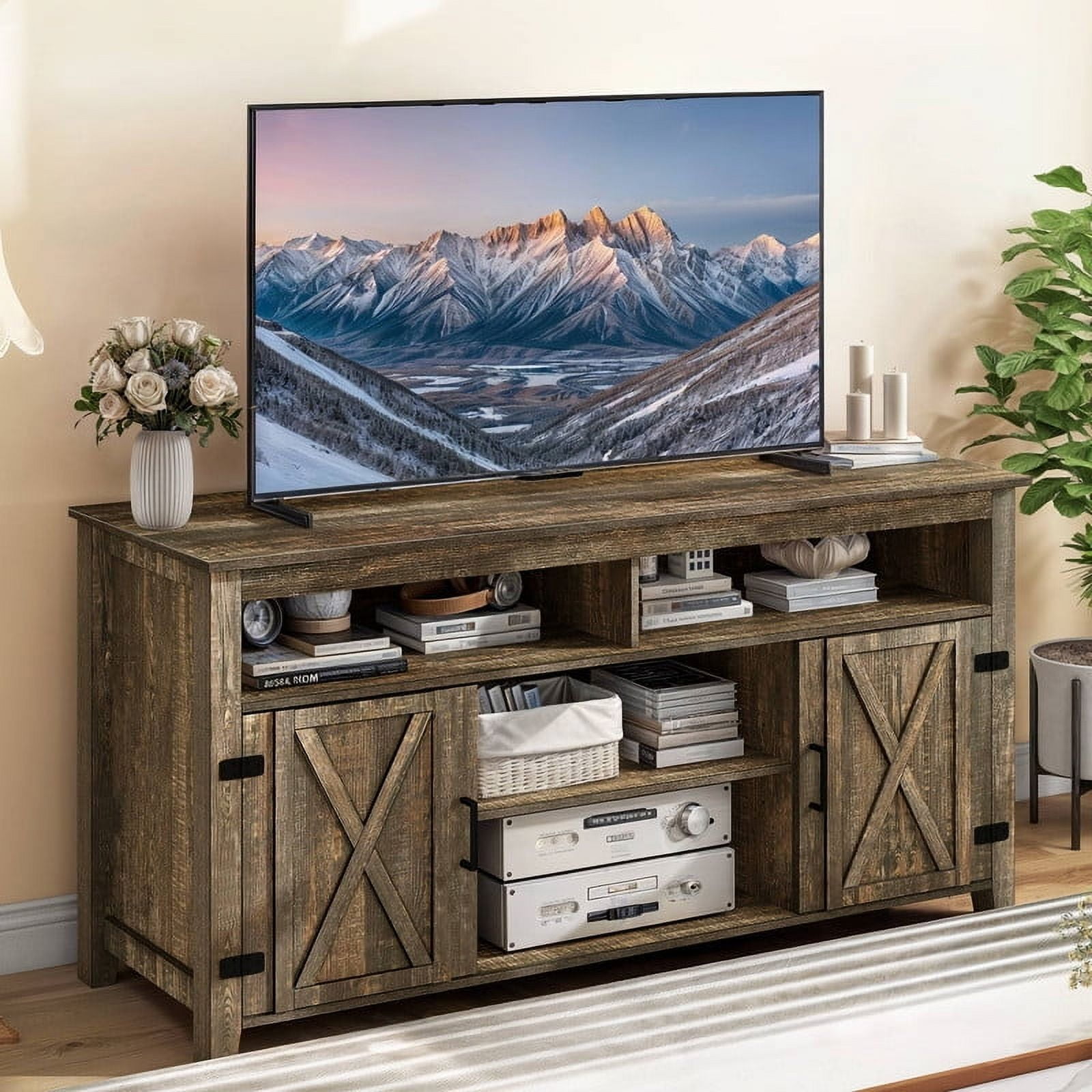Uforic Farmhouse TV Stand for 65 Inch TV, Barn Door Entertainment Center, Rustic Brown