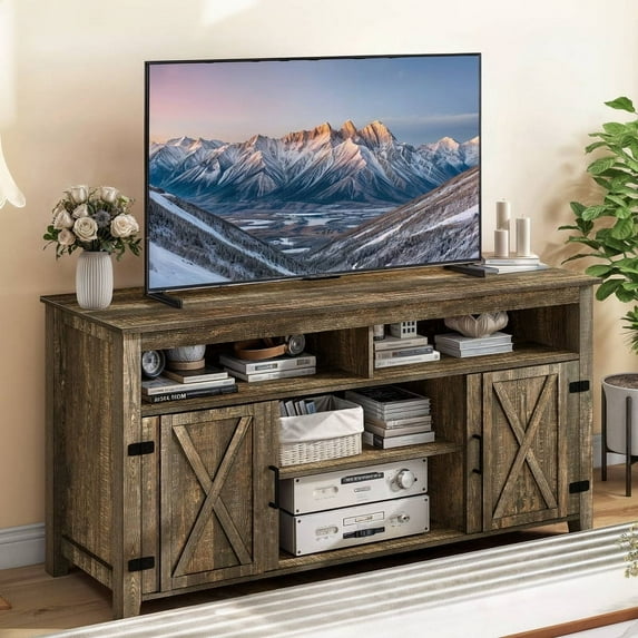 Uforic Farmhouse TV Stand for 65 Inch TV, Barn Door Entertainment Center, Rustic Brown