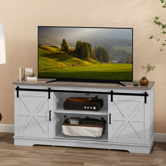 Uforic Farmhouse TV Stand for 65-Inch TV, Entertainment Center with Sliding Barn Door,Media Console for Living Room,Grey Wash