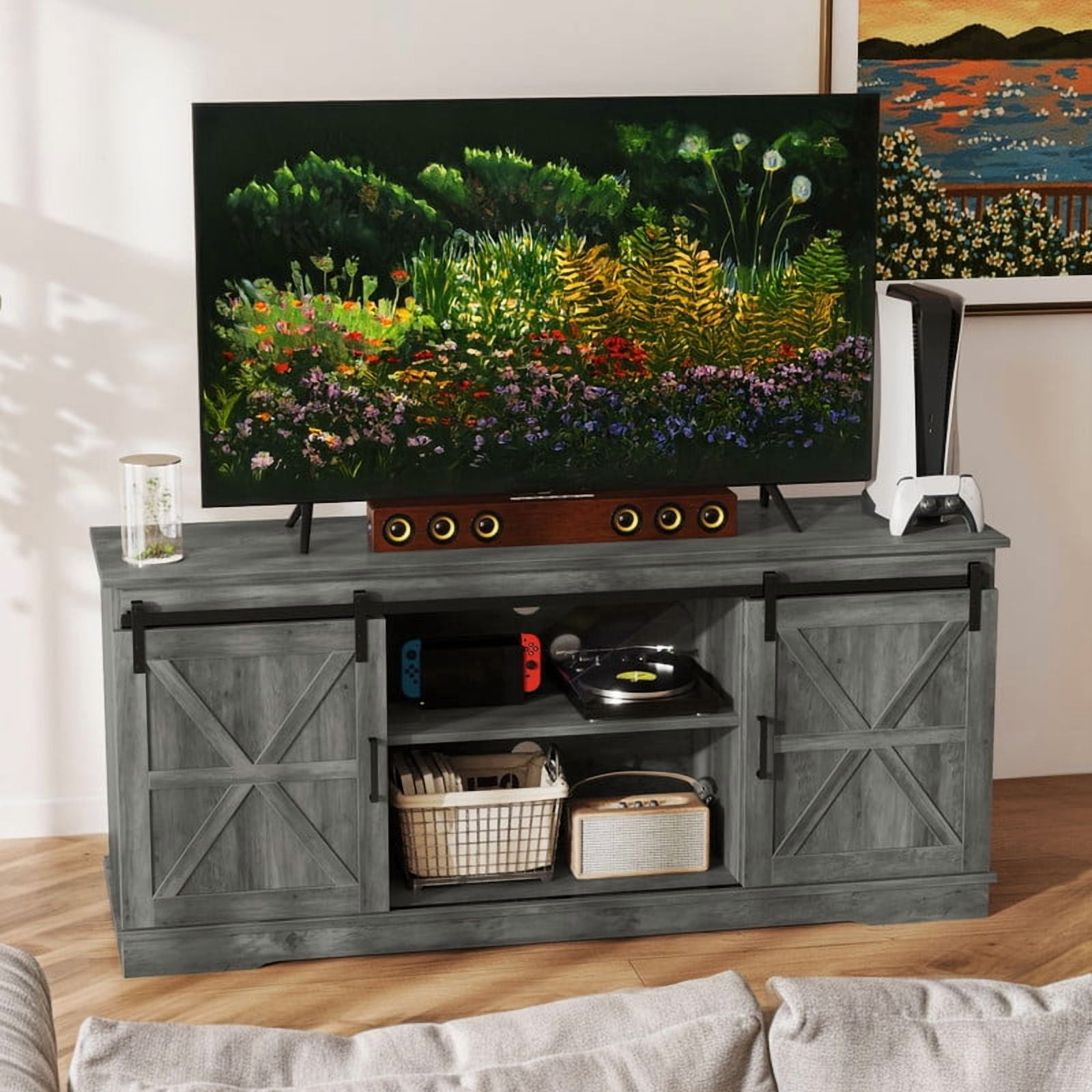 Uforic Farmhouse TV Stand for 65-Inch TV, Entertainment Center with Sliding Barn Door,Media Console for Living Room,Grey