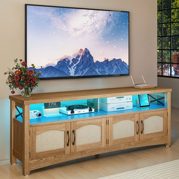 Uforic Farmhouse TV Stand for 65 inch TV, Entertainment Center with LED Light, TV Media Console Cabinet, 59" Oak