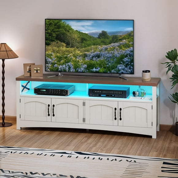 Uforic Farmhouse TV Stand for 65 inch TV, Entertainment Center with LED Light, TV Media Console Cabinet, 59" White