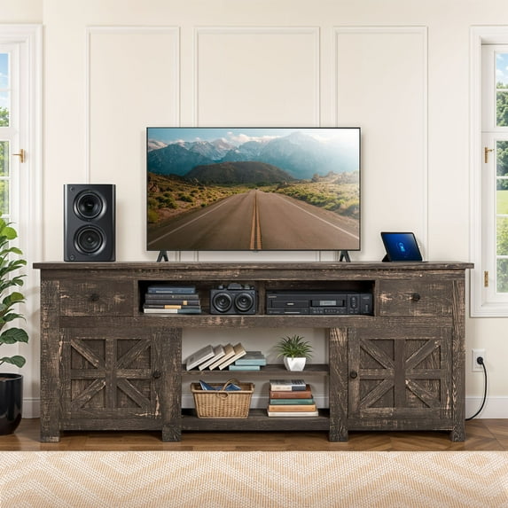 Uforic Farmhouse TV Stand for 75/80 Inch TV, Rustic Entertainment Center with Power Outlet, Storage Drawers, TV Console for Living Room, Oak