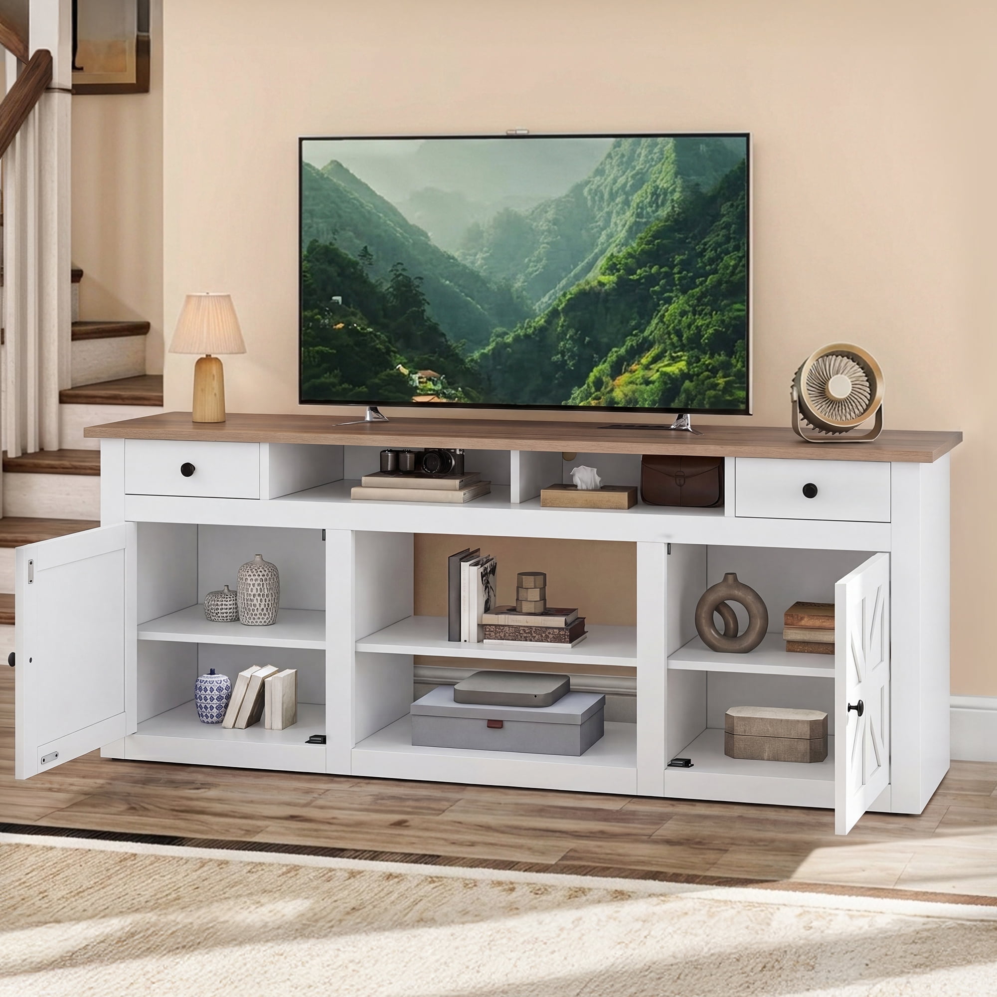 Uforic Farmhouse TV Stand for 75/80 Inch TV, Rustic Entertainment Center with Power Outlet, Storage Drawers, TV Console for Living Room, White
