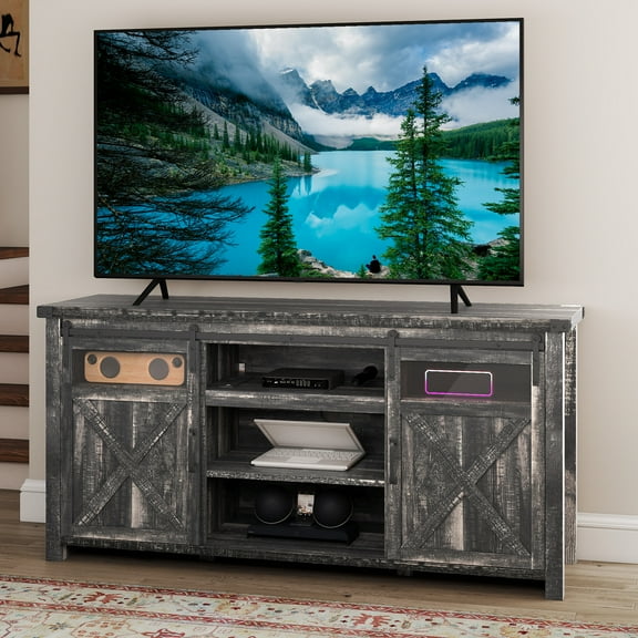 Uforic Farmhouse TV Stand for 75 inch TV, Entertainment Center with Power Outlet, Storage Drawers, TV Console,Dark Rustic Oak
