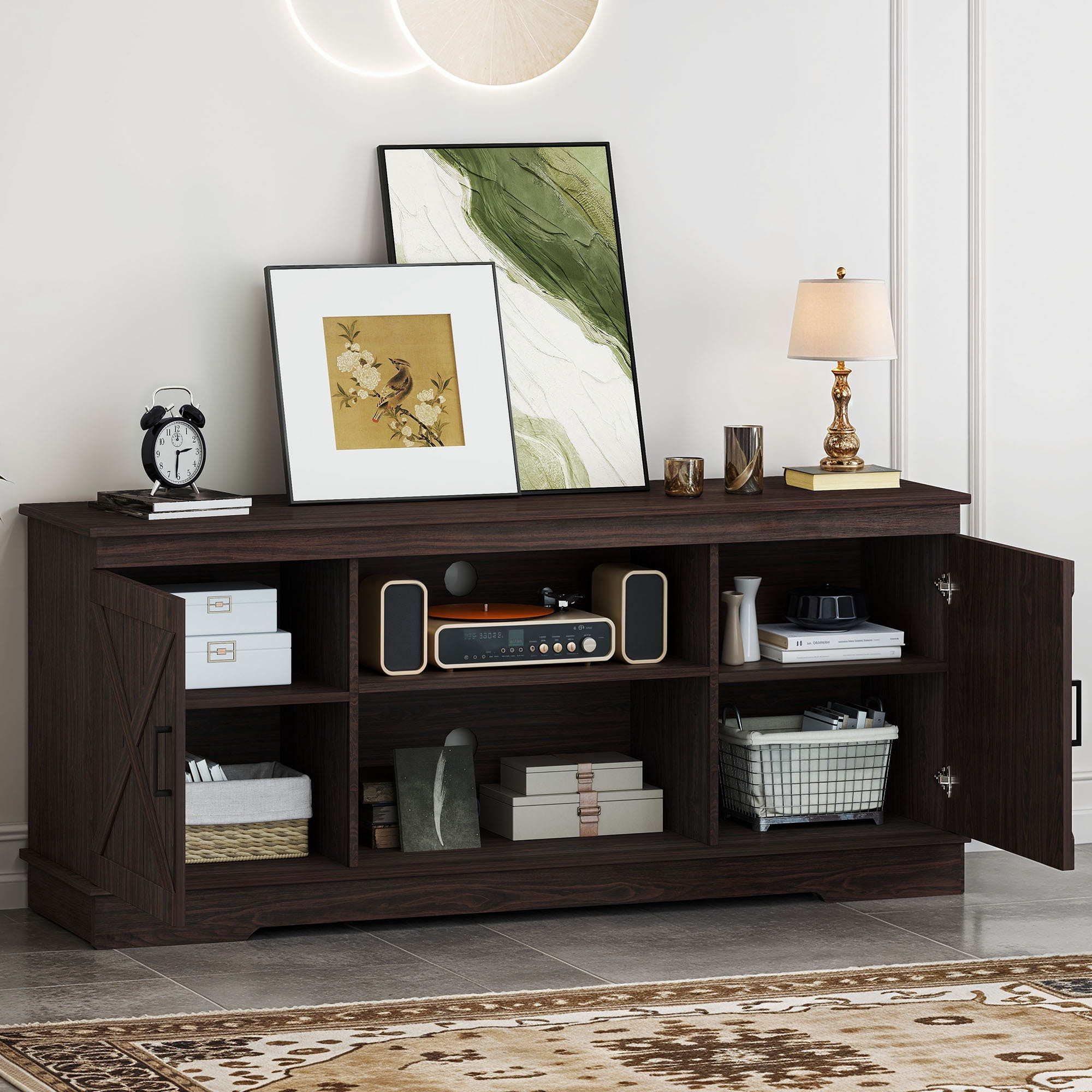 Uforic Farmhouse TV Stand for up 65" TVs, Entertainment Center Console Table for Living Room, Brown