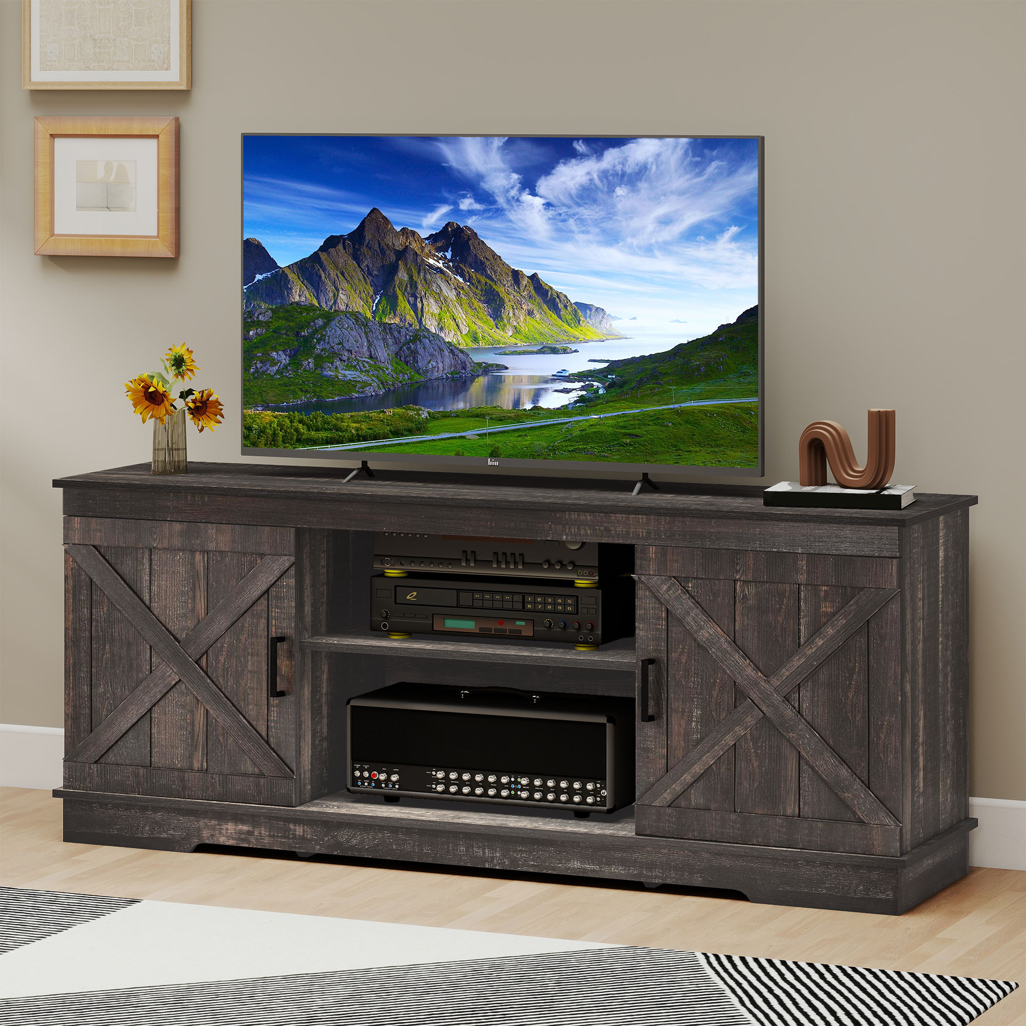 Uforic Farmhouse TV Stand for up 65" TVs, Entertainment Center Console Table for Living Room, Dark Oak