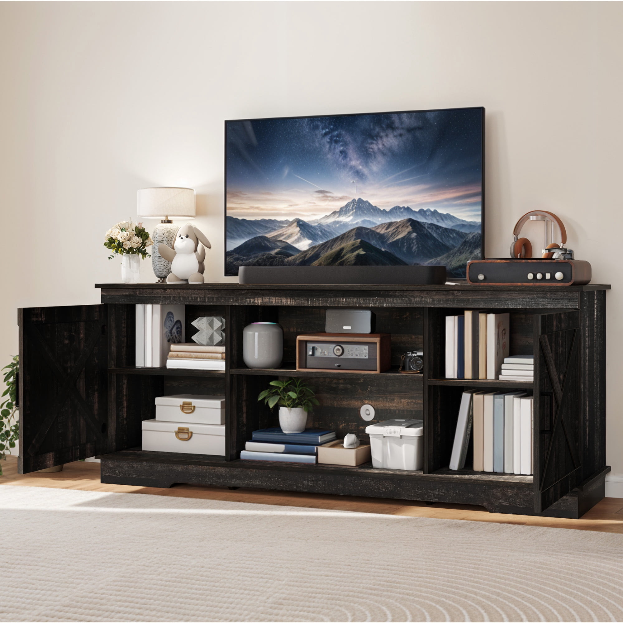 Uforic Farmhouse TV Stand for up 65" TVs, Entertainment Center Console Table for Living Room, Dark Oak