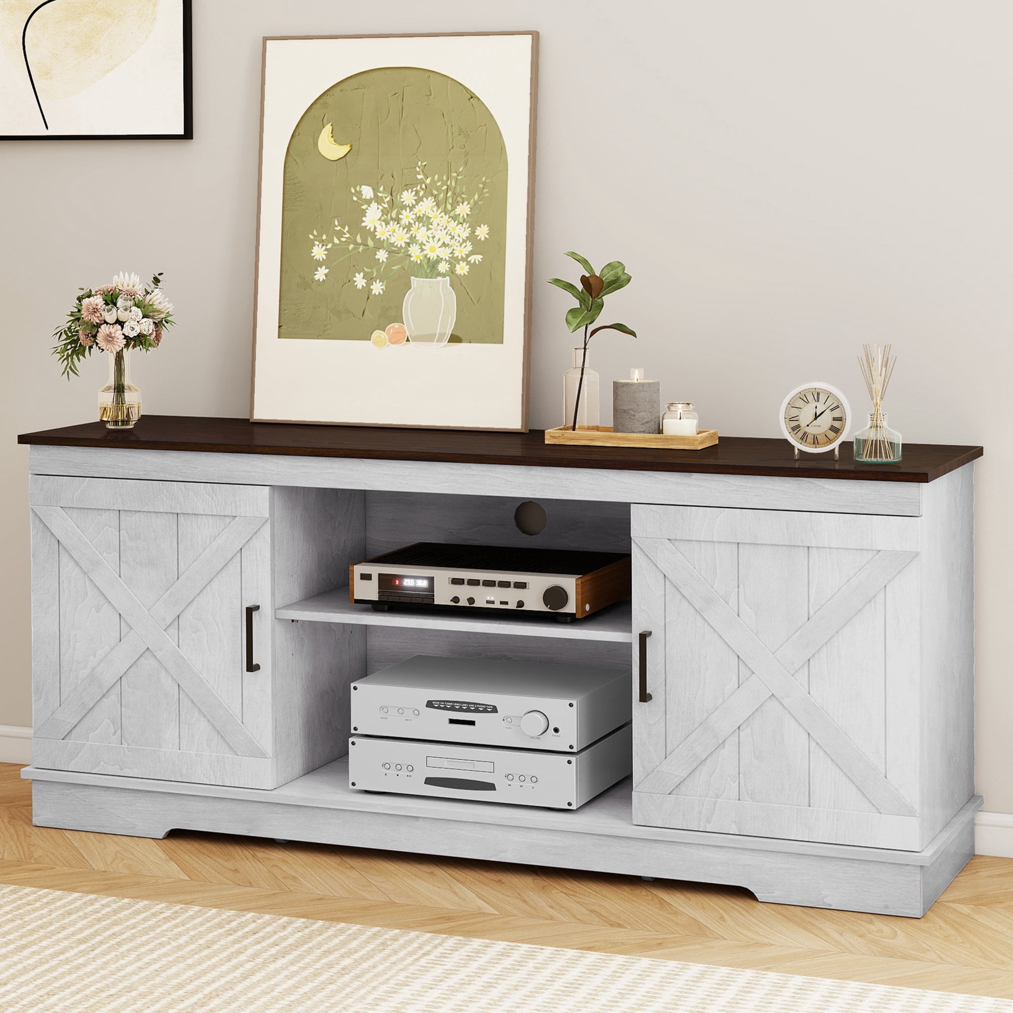 Uforic Farmhouse TV Stand for up 65" TVs, Entertainment Center Console Table for Living Room, Gray White