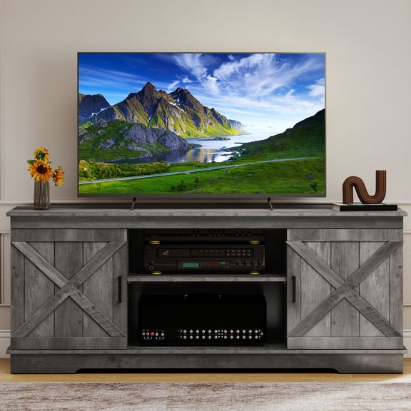 Uforic Farmhouse TV Stand for up 65" TVs, Entertainment Center Console Table for Living Room, Gray
