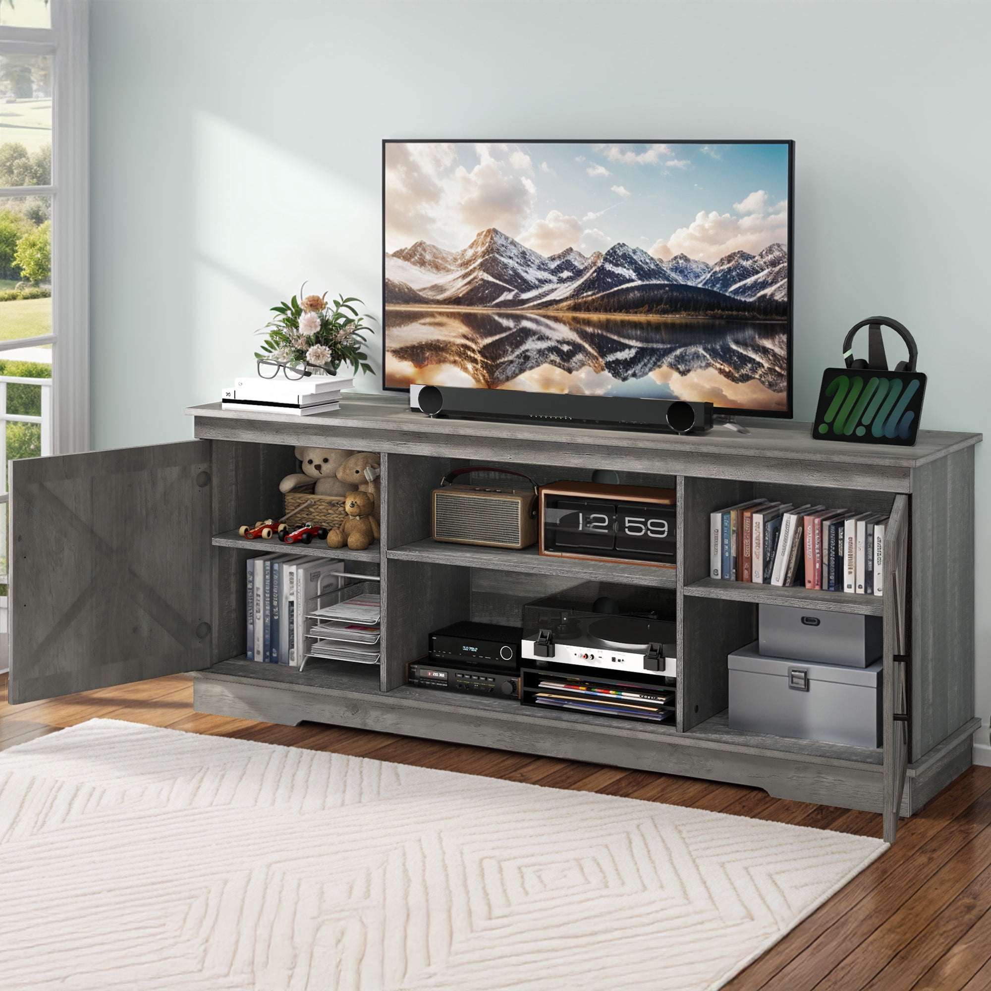 Uforic Farmhouse TV Stand for up 65" TVs, Entertainment Center Console Table for Living Room, Gray