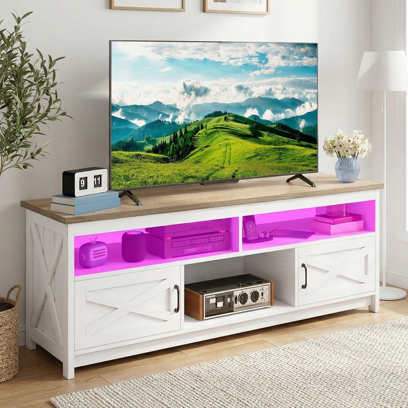 Uforic Farmhouse TV Stand up to 75 inch with Power Outlet & LED Light, Entertainment Center Media Console with Storage Shelves, Grey White