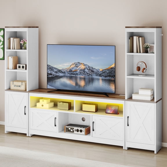Uforic Farmhouse TV Stand with Bookshelves, LED Lights, and Power Outlets for 65 inch TV, Entertainment Center, Washed Grey