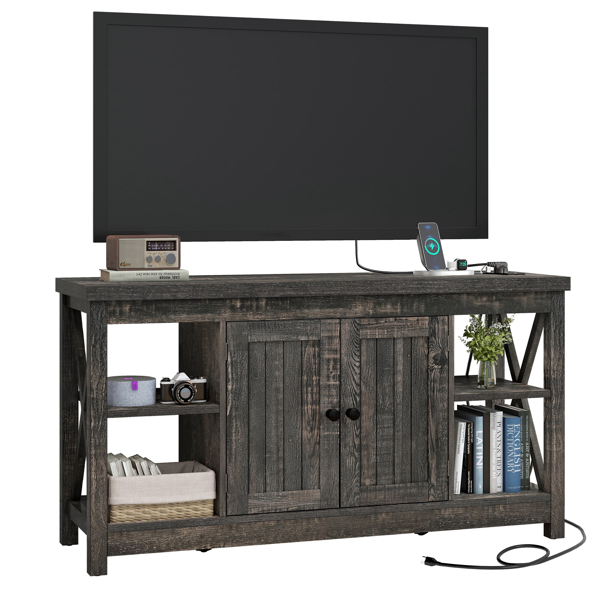 Uforic Farmhouse TV Stand with Built in Power Outlet for TVs up to 55", Wood TV Media Console, Rustic Oak