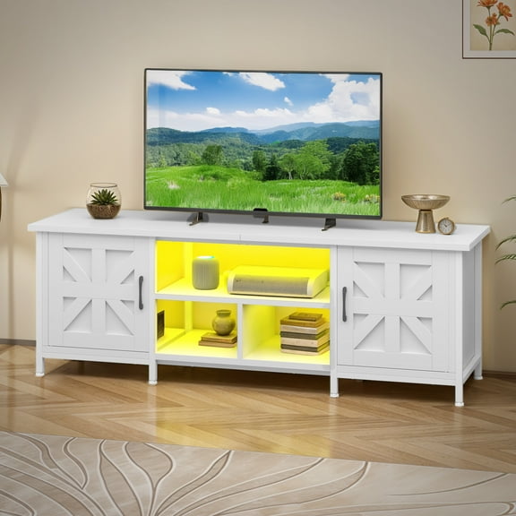 Uforic Farmhouse TV Stand with LED & Charging, Storage Cabinet and Shelves for TVs up to 70", White