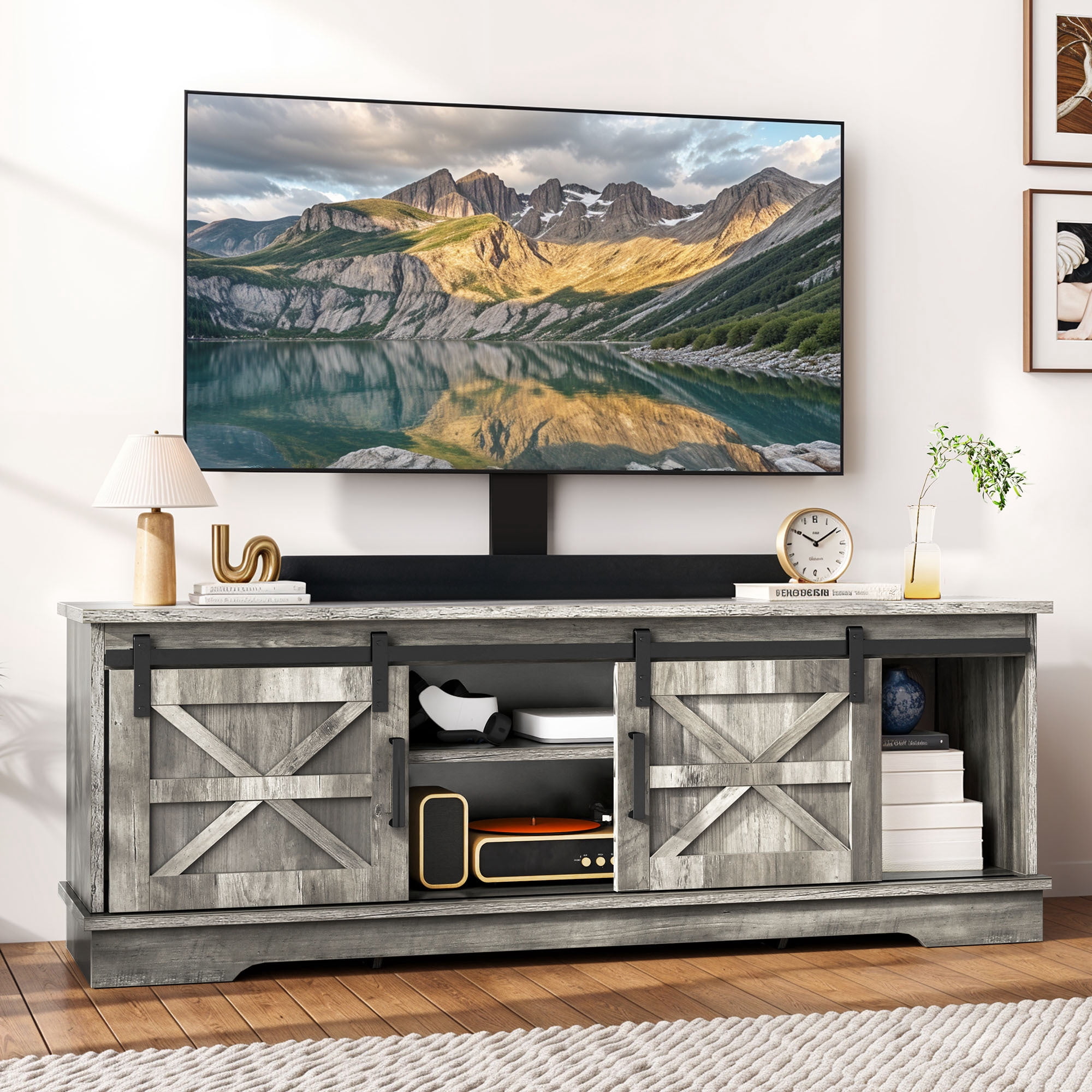 Uforic Farmhouse TV Stand with Mount for 32-70" TVs, Media Console Cabinet with Barn Doors, Gray