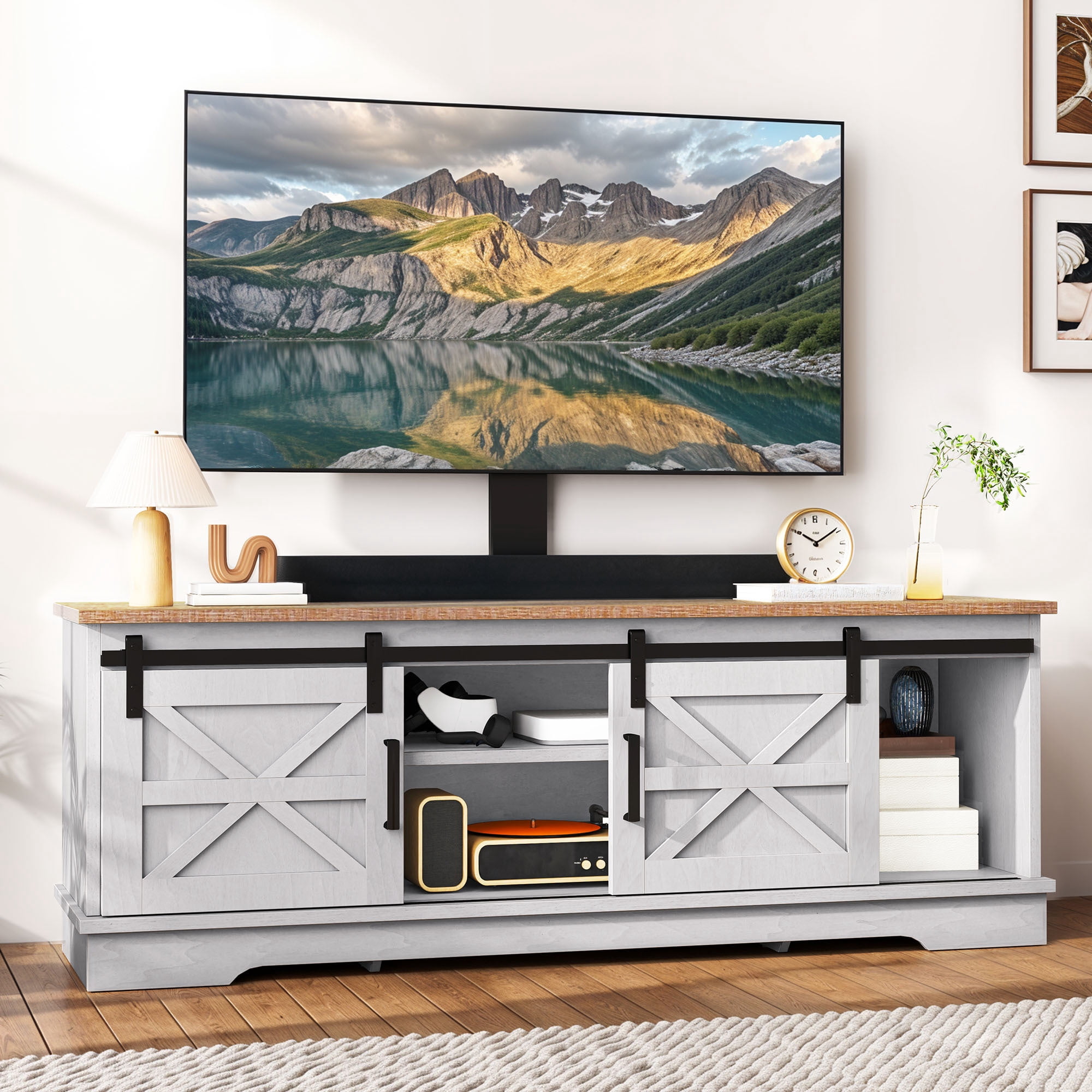 Uforic Farmhouse TV Stand with Mount for 32-70" TVs, Media Console Cabinet with Barn Doors, White