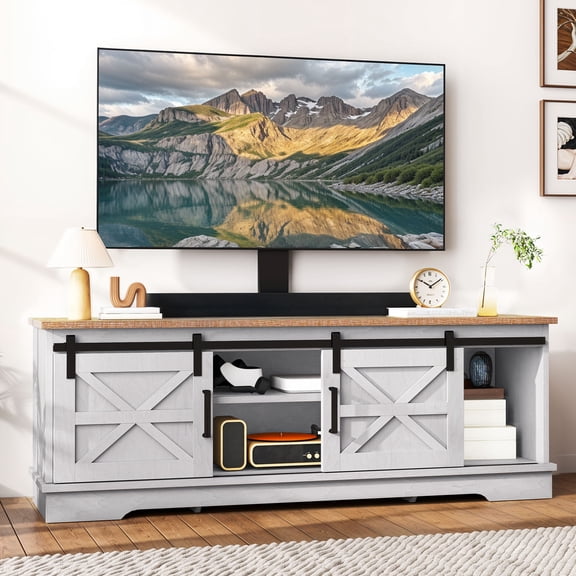 Uforic Farmhouse TV Stand with Mount for 32-70" TVs, Media Console Cabinet with Barn Doors, White