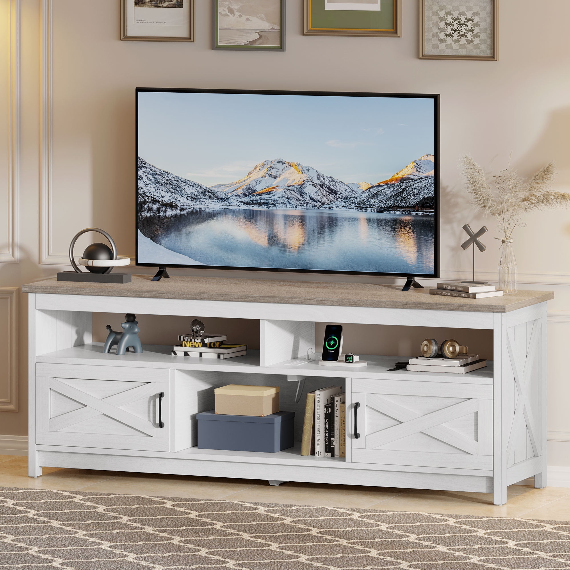 Uforic Farmhouse TV Stand for 75 inch TV Oak and White Media Entertainment Center with Power Outlet and Ample Storage Space