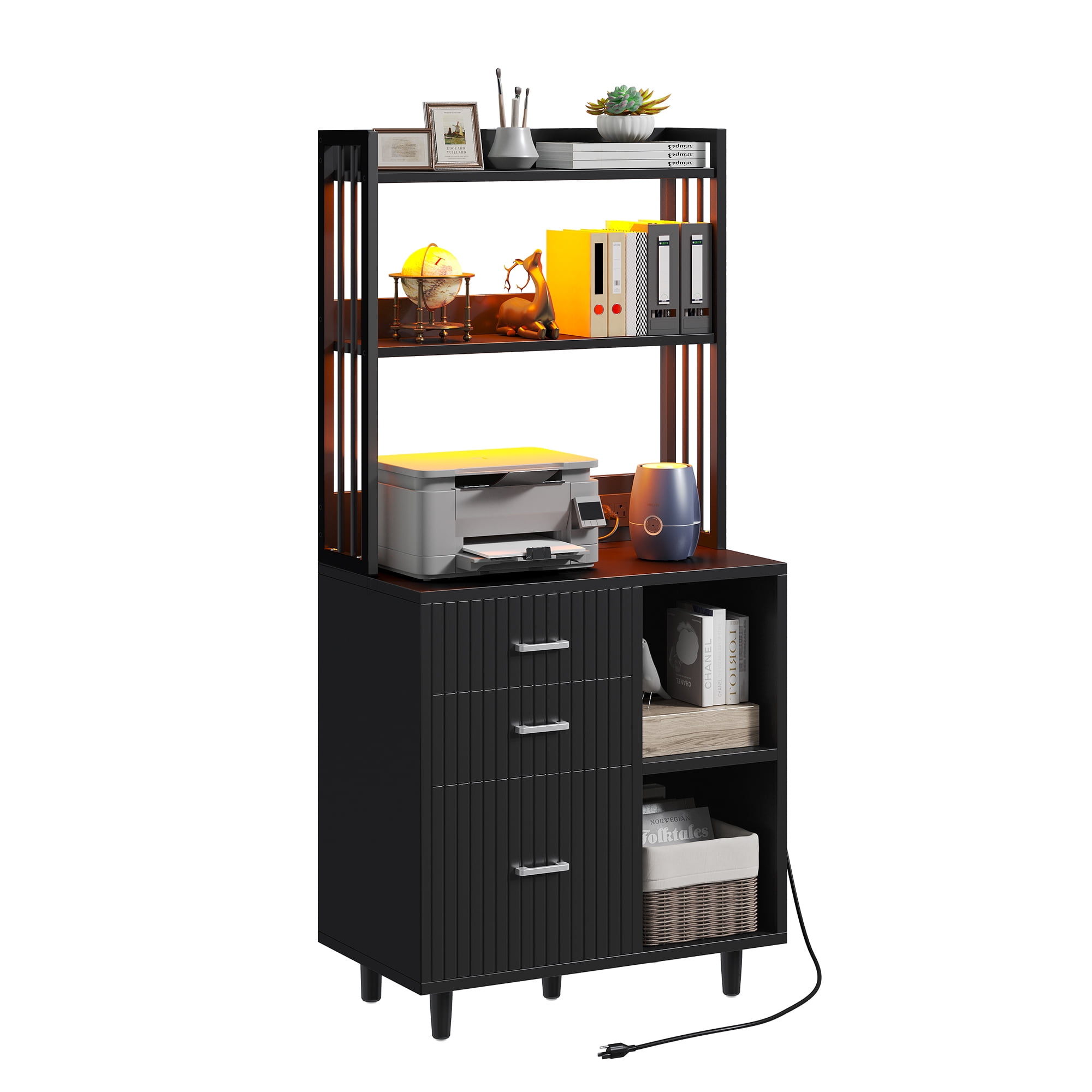 Uforic File Cabinet with 3 Drawer & Open Storage Shelves, Wood File Cabinet with LED Light & Charging Station, Tall Office cabinet with 3 Shelves, Printer Stand for Home Office, Black