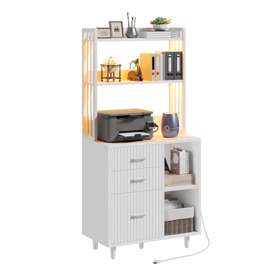 Uforic File Cabinet with 3 Drawer & Open Storage Shelves, Wood File Cabinet with LED Light & Charging Station, Tall Office cabinet with 3 Shelves, Printer Stand for Home Office, White