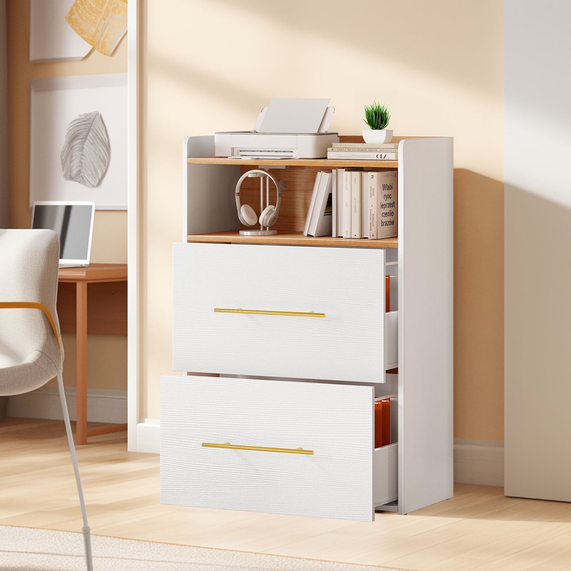 Uforic File Cabinet with 2 Drawer, Office Storage Filing Cabinet with Charging Station& Printer Shelf for Home Office, White