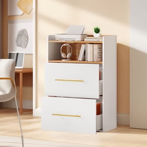 Uforic File Cabinet with 2 Drawer, Office Storage Filing Cabinet with Charging Station& Printer Shelf for Home Office, White