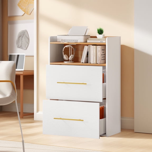 Uforic File Cabinet with 2 Drawer, Office Storage Filing Cabinet with Charging Station& Printer Shelf for Home Office, White