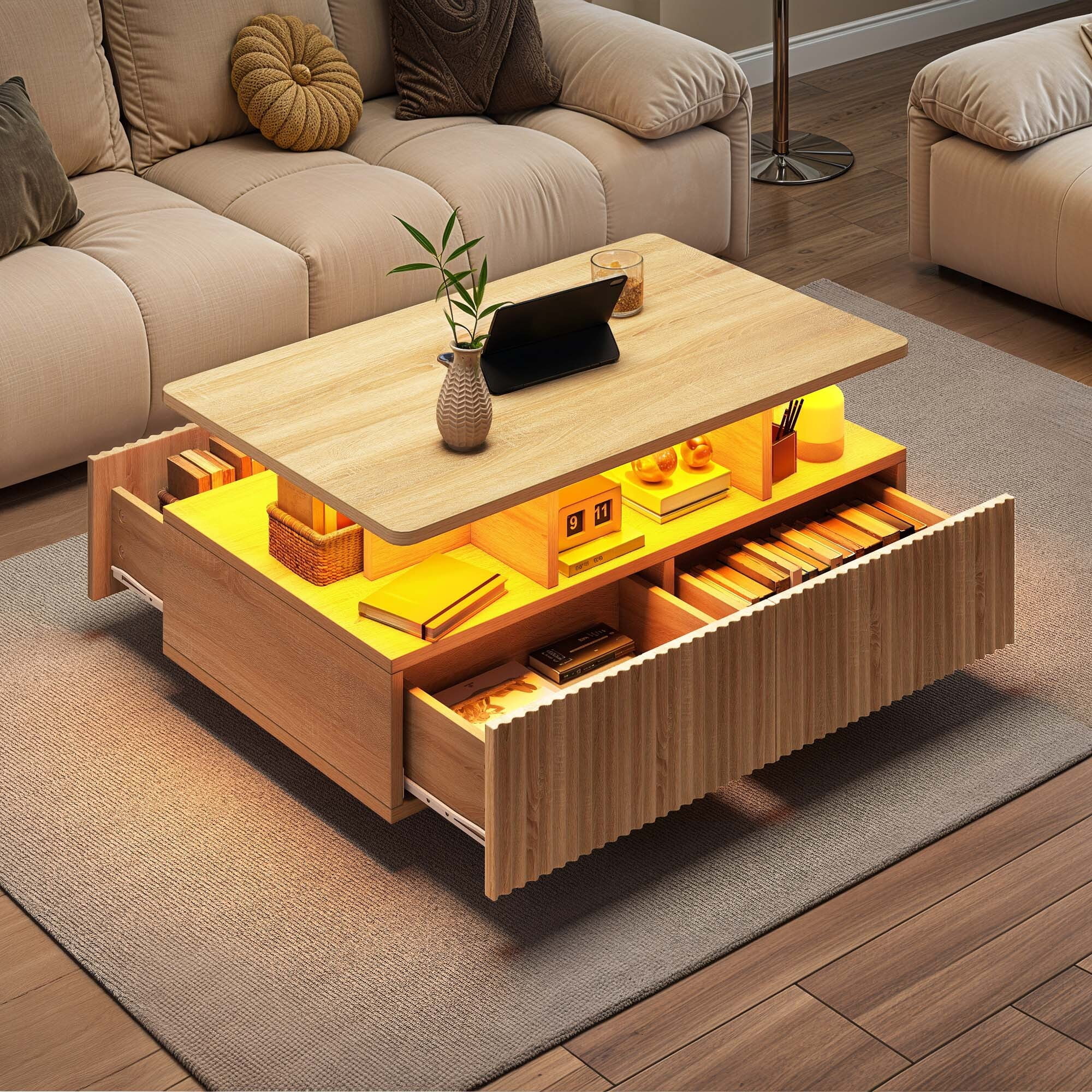 Uforic Fluted LED Coffee Table, Modern Center Tables with Storage for Living Room, Oak