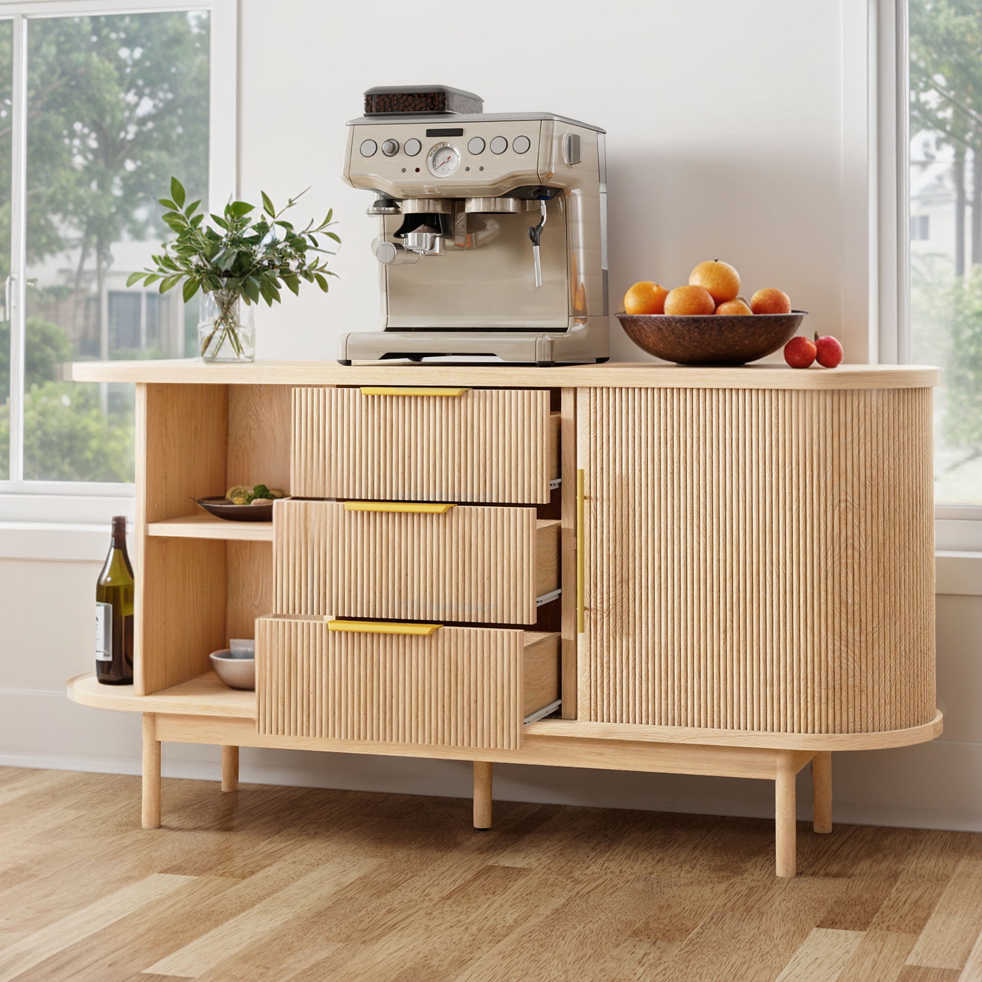 Uforic Fluted Sideboard with Drawers, Modern Buffet Cabinet with Storage & Adjustable Shelves, Oak