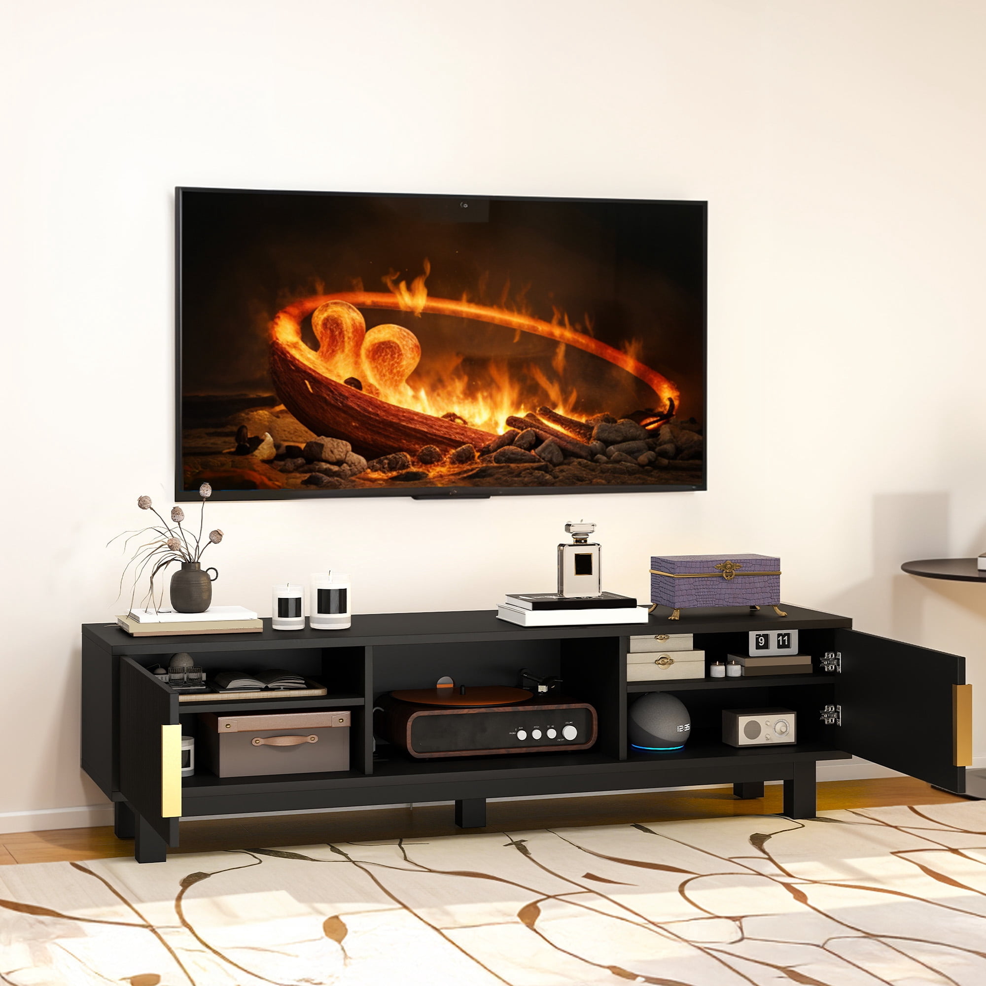 Uforic Fluted TV Stand for 65" TVs, Modern Living Room Media Console with Adjustable Shelf & Power Outlets, Black