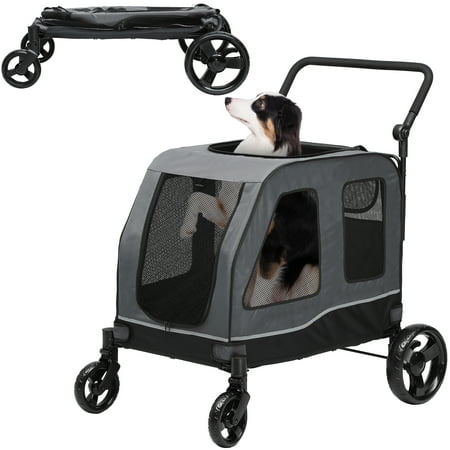 Uforic Foldable Dog Stroller, 4-Wheel Pet Stroller with Dual-Entry, Adjustable Handle, Reflective Strips, Folding Dog Wagon Up to 132 lbs Capacity for Large Dogs, Gray