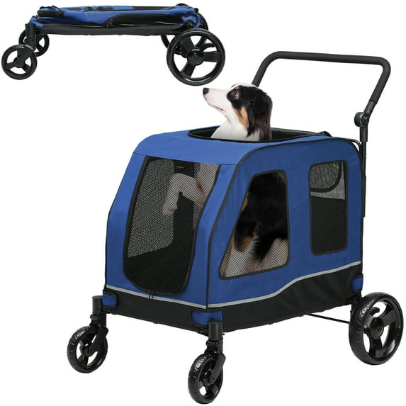 Uforic Foldable Dog Stroller, 4-Wheel Pet Stroller with Dual-Entry, Adjustable Handle, Reflective Strips, Folding Dog Wagon Up to 132 lbs Capacity for Large Dogs, Blue