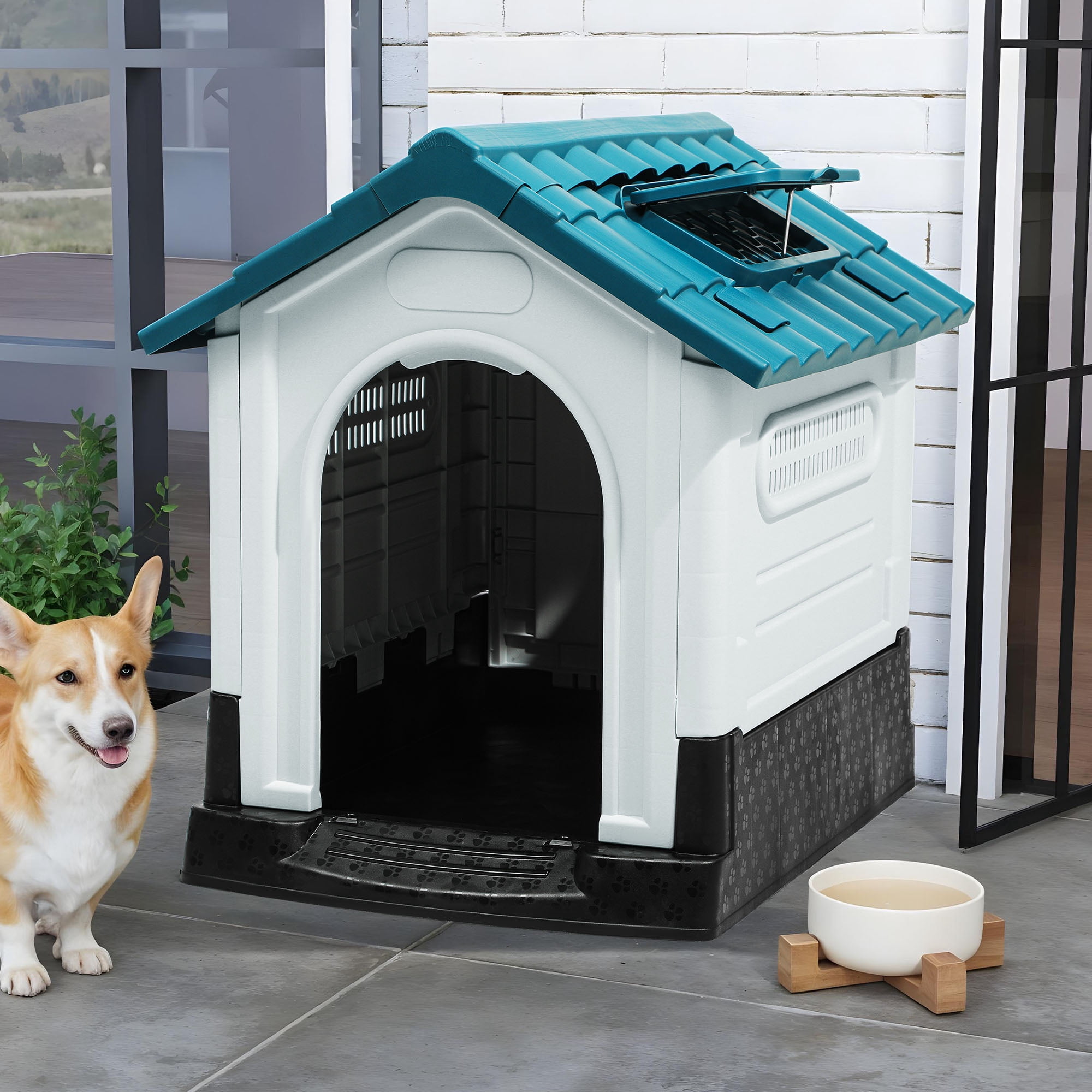 Uforic Foldable Plastic Dog House with Adjustable Skylight and Elevated Floor, Outdoor Indoor Waterproof  Doghouse Puppy Shelter,Blue,26.8''Lx 22.4''Wx 26''H