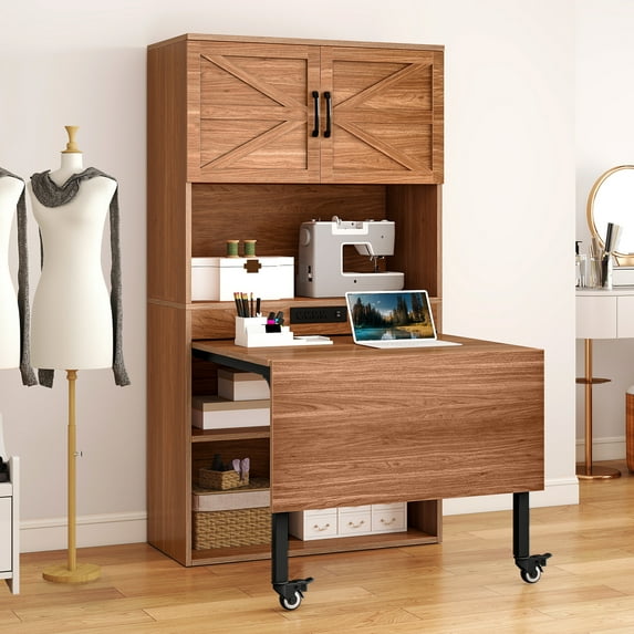 Uforic Foldable Sewing Machine Table and Desk with Craft Storage and USB Power Outlets in Brown