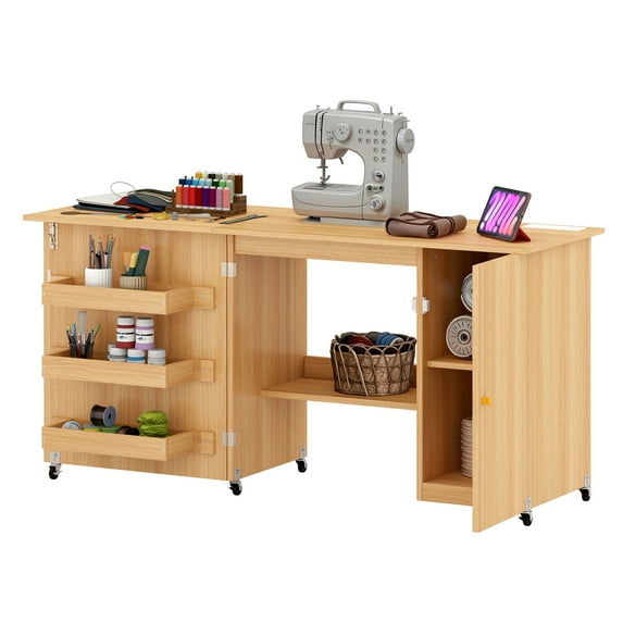 Uforic Folding Sewing Craft Table with Storage Shelves and Lockable ...