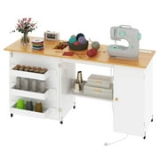 Uforic Folding Sewing Table with Charging Station, Storage Shelves & Lockable Wheels, White & Oak for Home or Craft Rooms