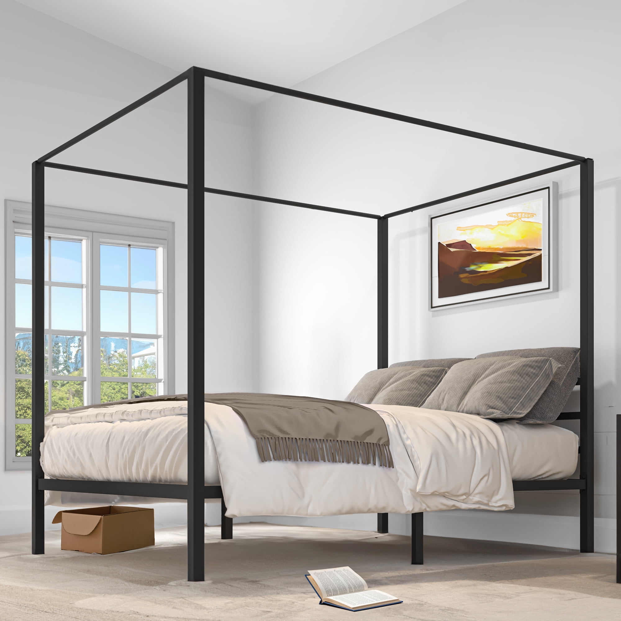 Uforic Four-Poster 14-inch Queen Size Metal Canopy Bed Frame, Requires No Box Spring,Black