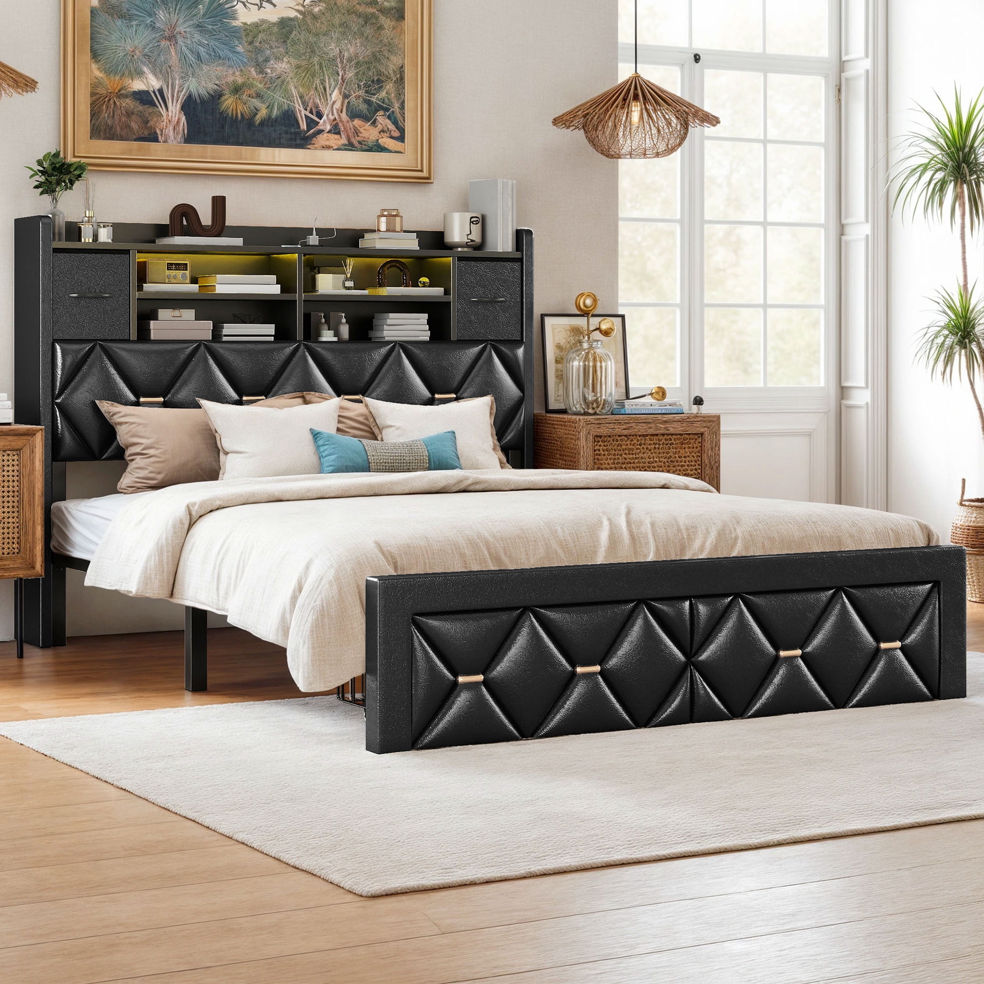 Uforic Full Size Bed Frame with Storage & Power Outlets, PU Leather Bed Frame with LED Lights, Black
