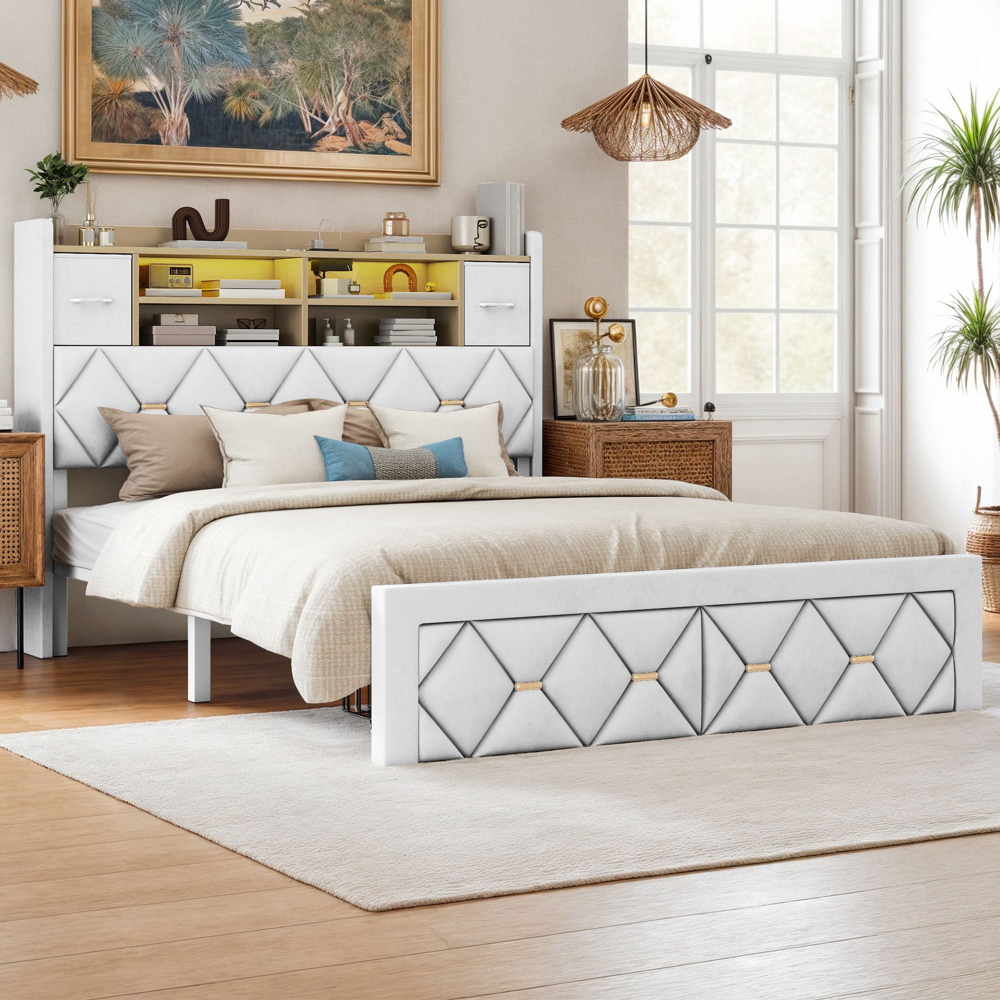 Uforic Full Size Bed Frame with Storage & Power Outlets, PU Leather Bed Frame with LED Lights, White