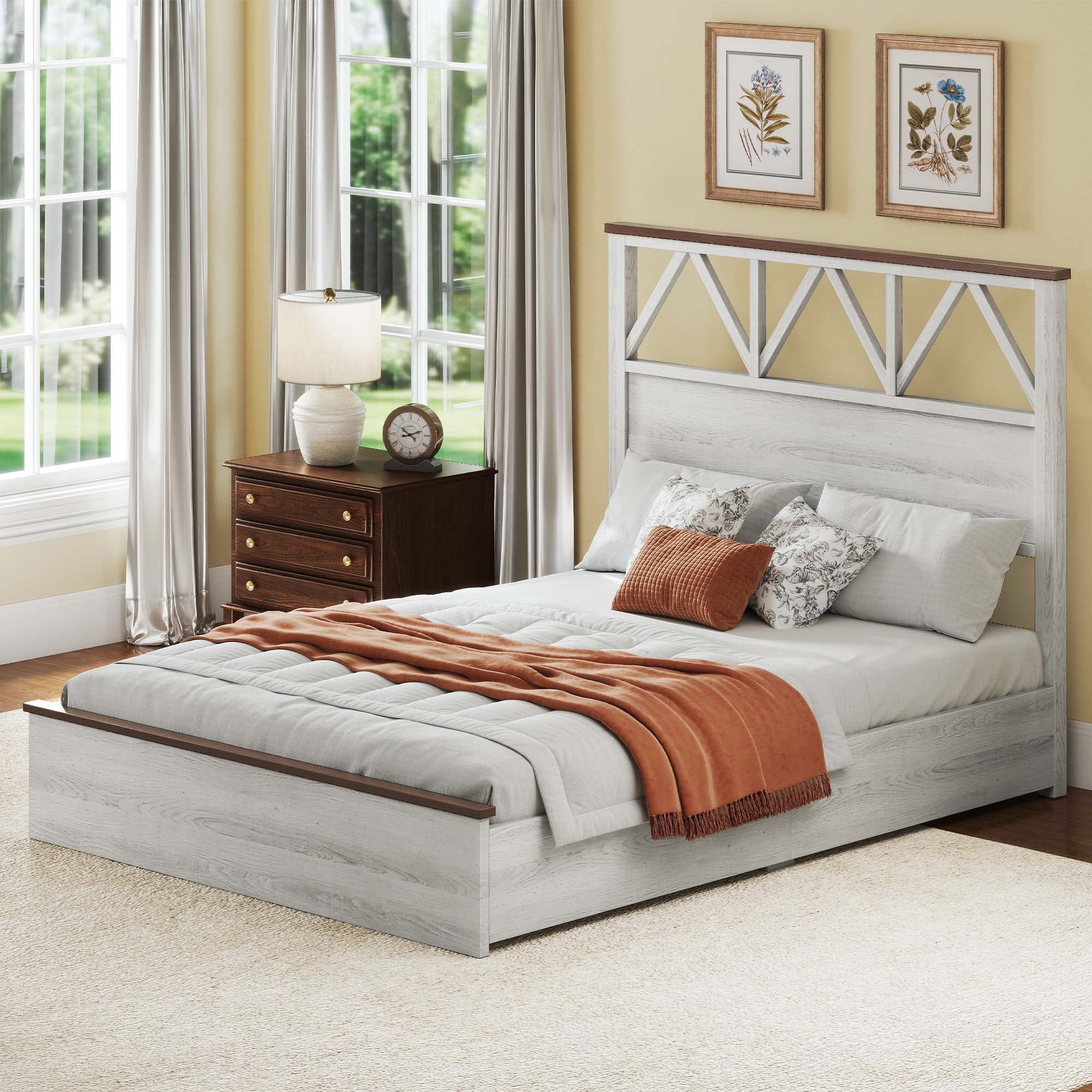 Uforic Full-Size Bed Frame with V-Pattern Headboard, Noiseless Slats, No Box Spring Needed, Washed Gray