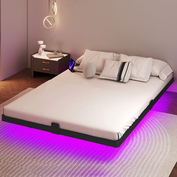 Uforic Full Size Floating Bed Frame with LED Lights and Charging Station, Easy Assembly Heavy Duty Metal Platform Bed, No Box Spring Required (Black)