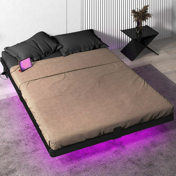 Uforic Full Size Floating Bed Frame with LED Lights and Charging Station, Easy Assembly Heavy Duty Metal Platform Bed, No Box Spring Required (Black)