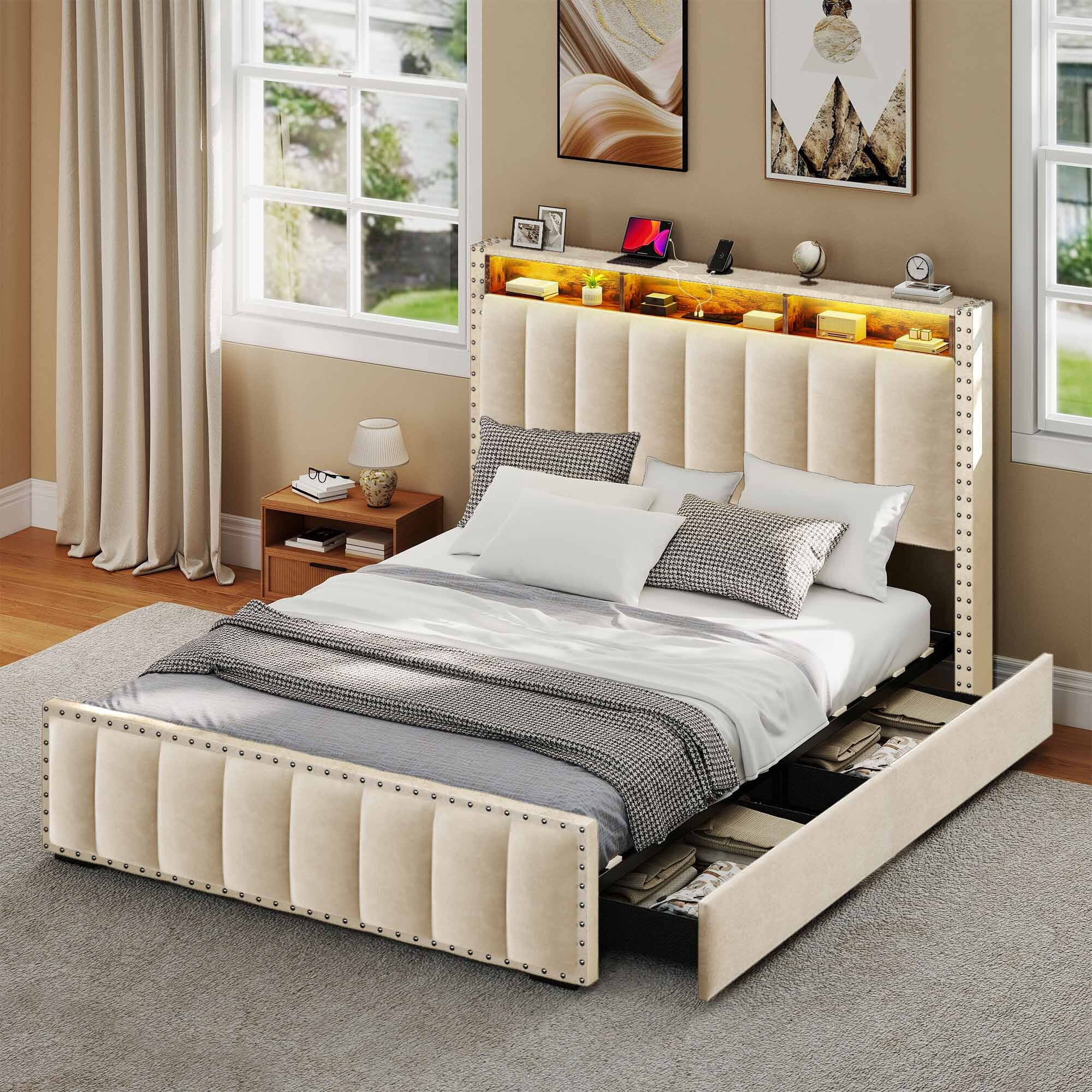 Uforic Full Size LED Velvet Upholstered Platform Bed, Storage Bed Frame with 4 Storage Drawers and Charging Station, Beige